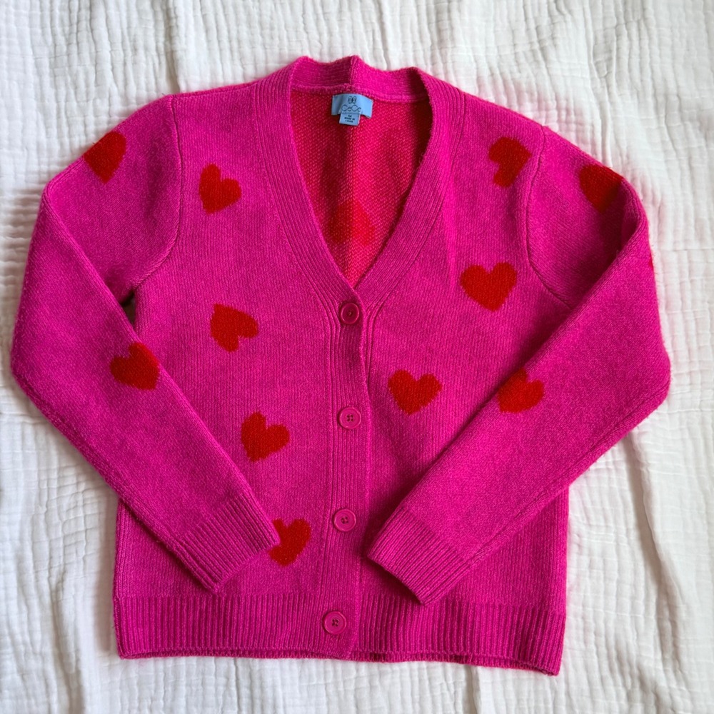 CeCe Hot Pink Heart Cardigan Knit Sweater Womens M V-Neck Button Up Romantic